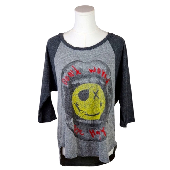 Lauren Moshi Smiley Face "Don't Worry Be Happy" Baseball Tee XS/S Limited USA - Picture 1 of 10